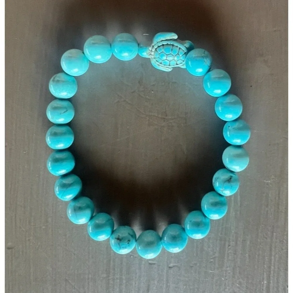 Turquoise Tone Stone Turtle Stretch Bracelet Boho Coastal Beach Jewelry Ocean‎